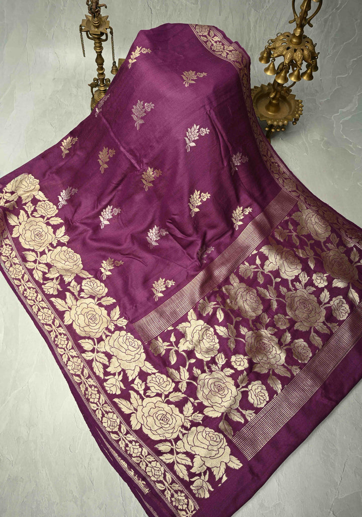 Purple Floral Design on Banarasi  Tussar Georgette Saree with Zari Buttas and Zari Border | SILK MARK CERTIFIED