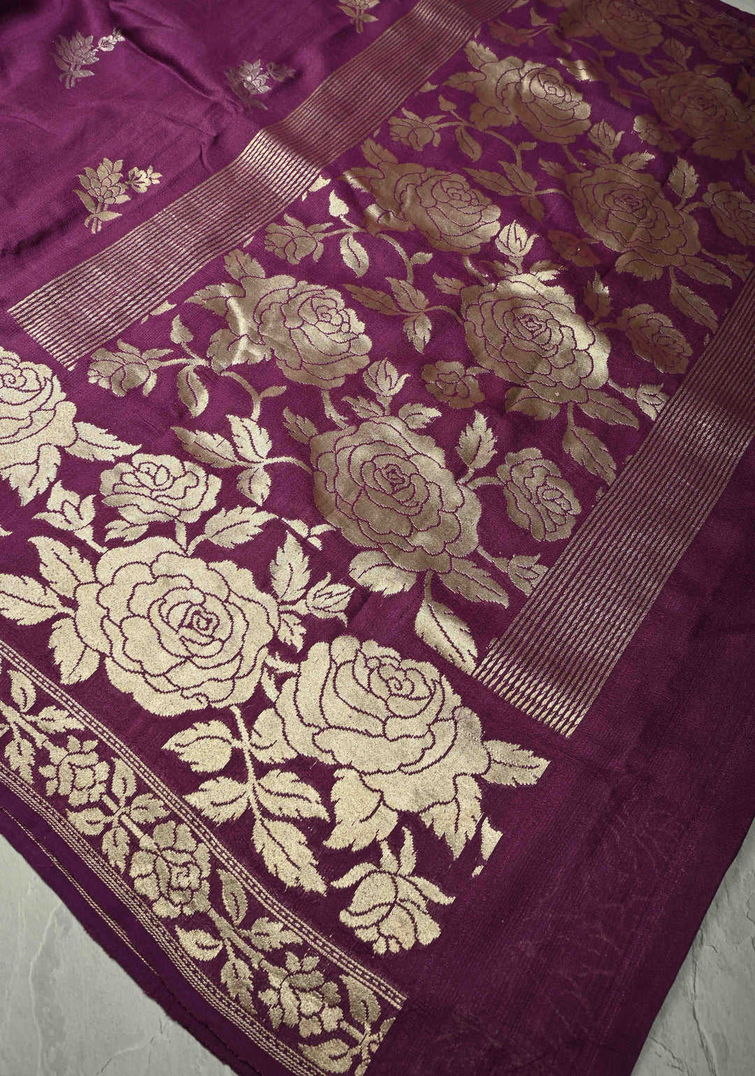 Purple Floral Design on Banarasi  Tussar Georgette Saree with Zari Buttas and Zari Border | SILK MARK CERTIFIED