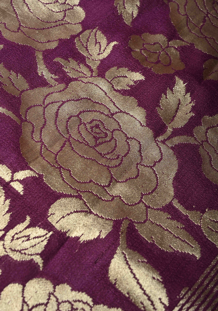 Purple Floral Design on Banarasi  Tussar Georgette Saree with Zari Buttas and Zari Border | SILK MARK CERTIFIED