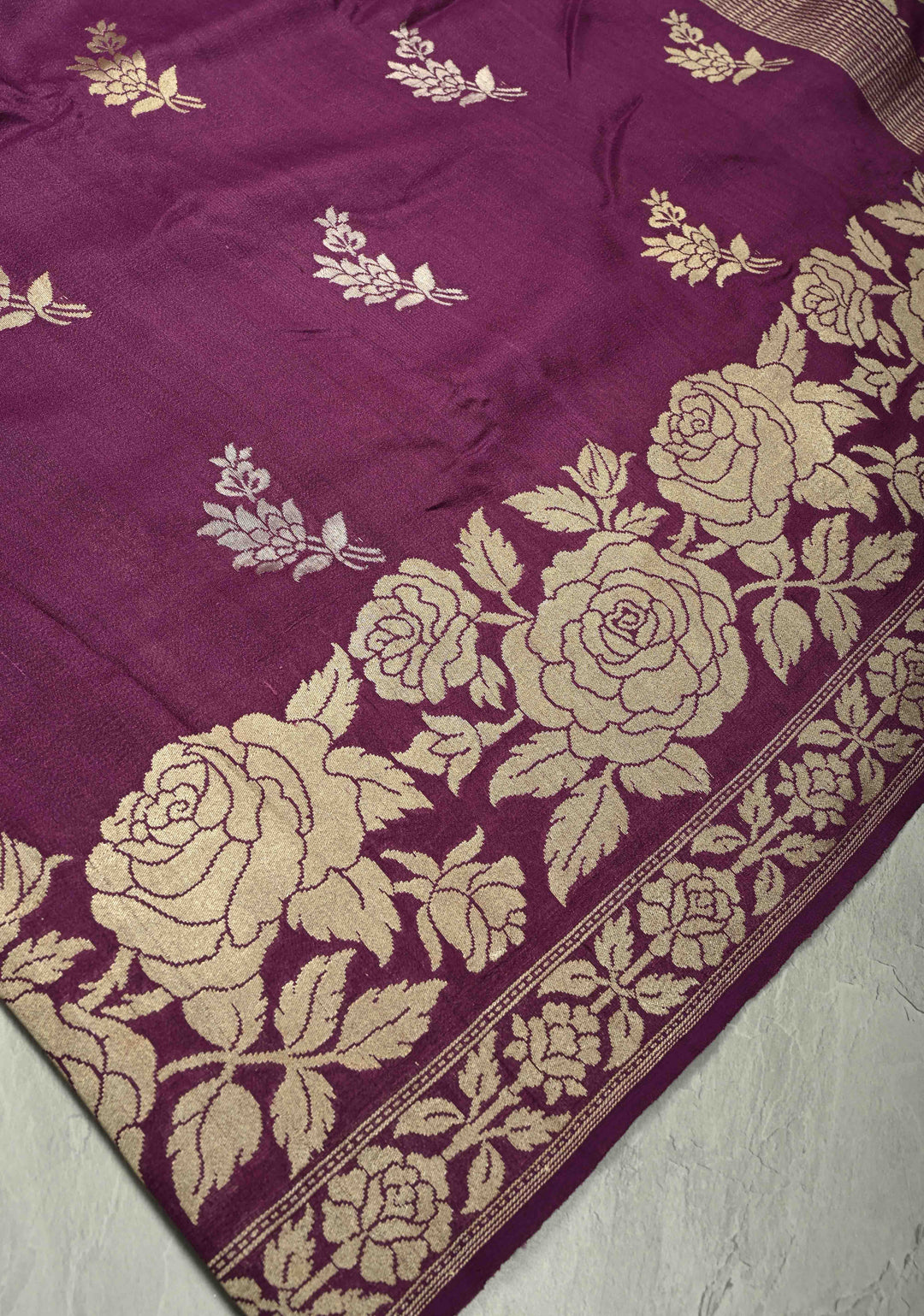 Purple Floral Design on Banarasi  Tussar Georgette Saree with Zari Buttas and Zari Border | SILK MARK CERTIFIED