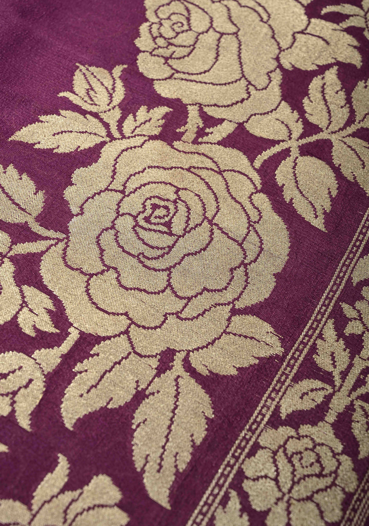 Purple Floral Design on Banarasi  Tussar Georgette Saree with Zari Buttas and Zari Border | SILK MARK CERTIFIED