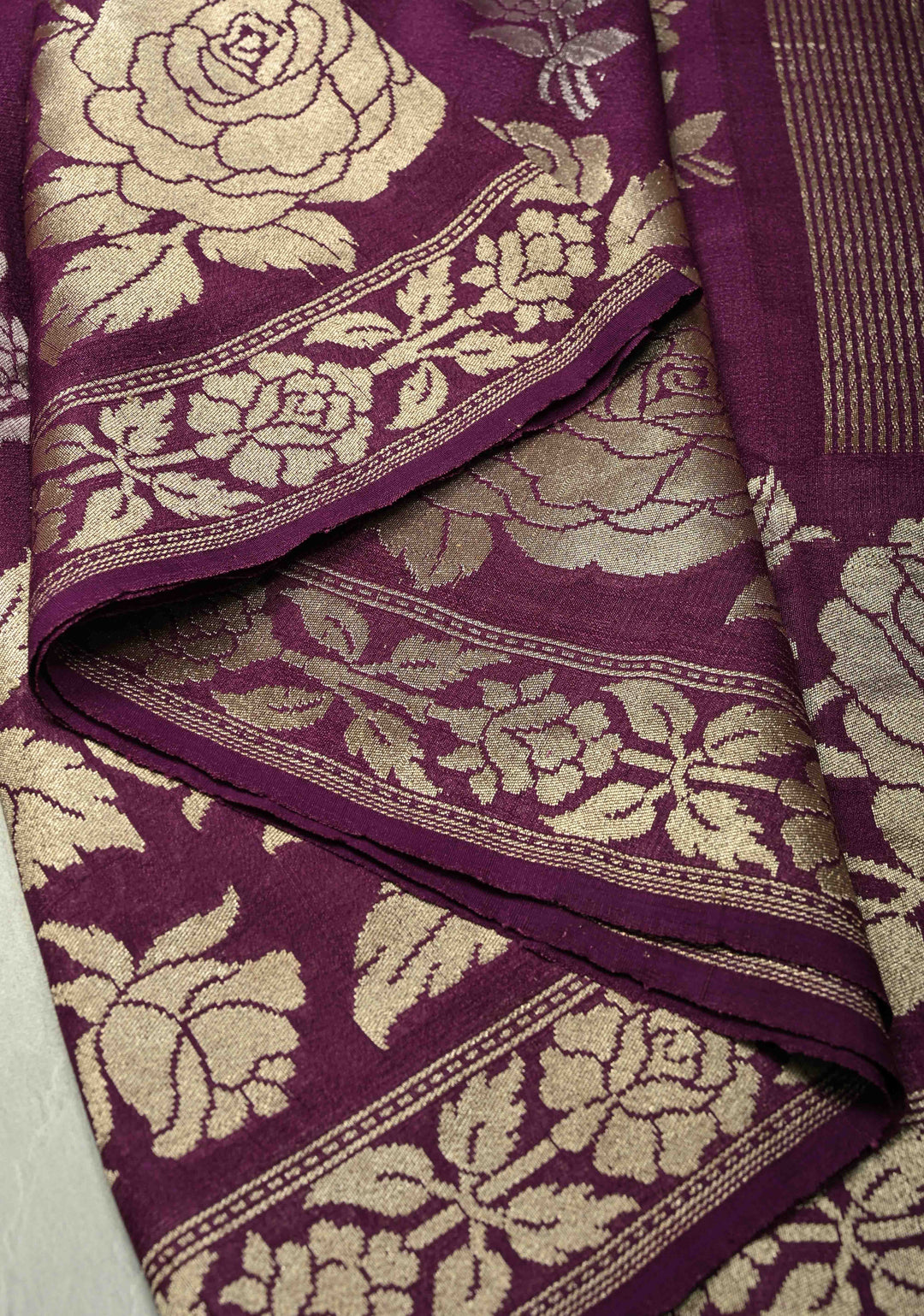 Purple Floral Design on Banarasi  Tussar Georgette Saree with Zari Buttas and Zari Border | SILK MARK CERTIFIED
