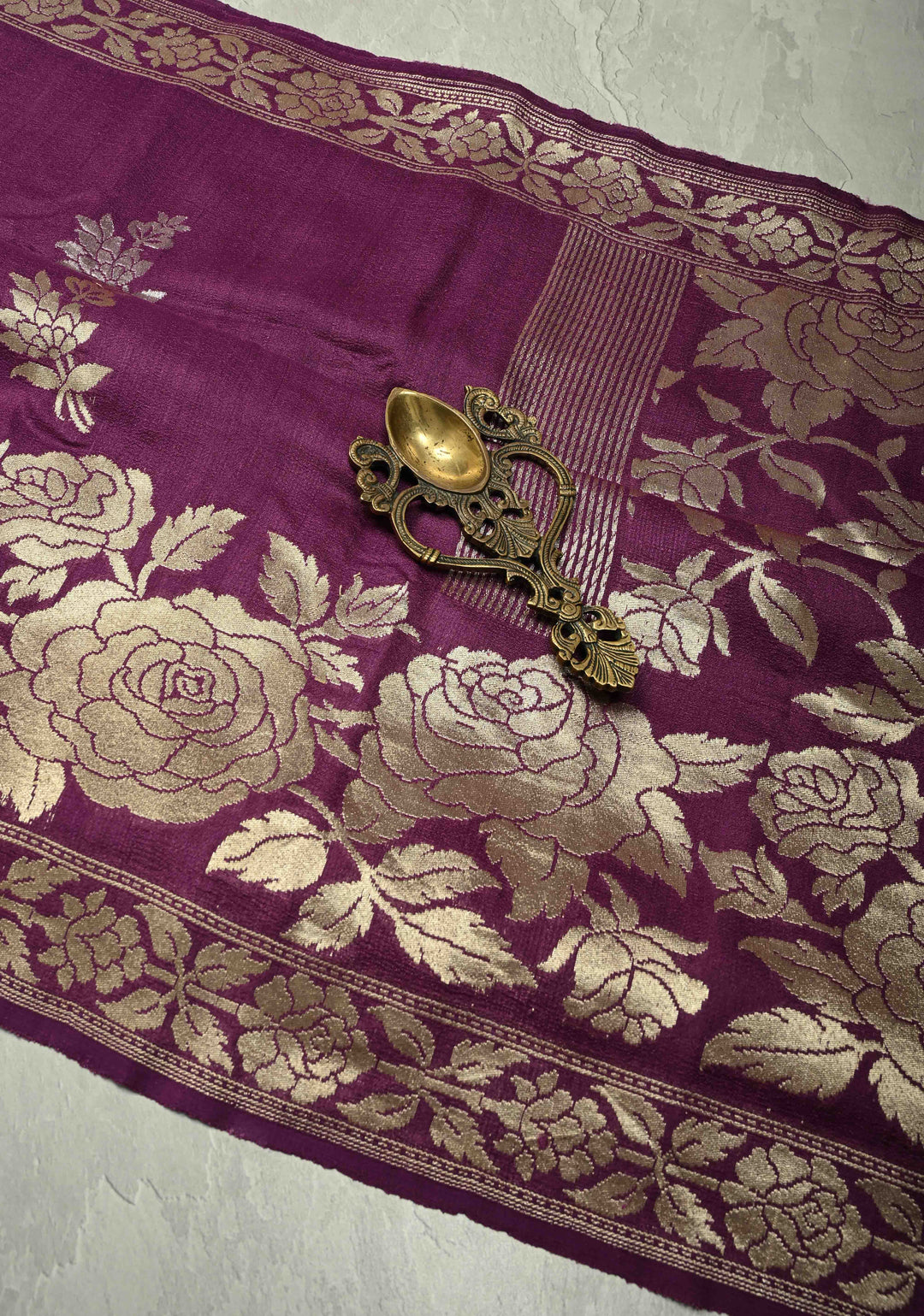 Purple Floral Design on Banarasi  Tussar Georgette Saree with Zari Buttas and Zari Border | SILK MARK CERTIFIED