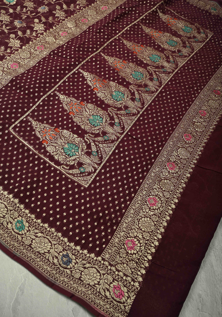 Authentic Aubergine Meenakari Detailing on Banarasi Silk Georgette Saree with Floral Jaal and Zari Border | SILK MARK CERTIFIED