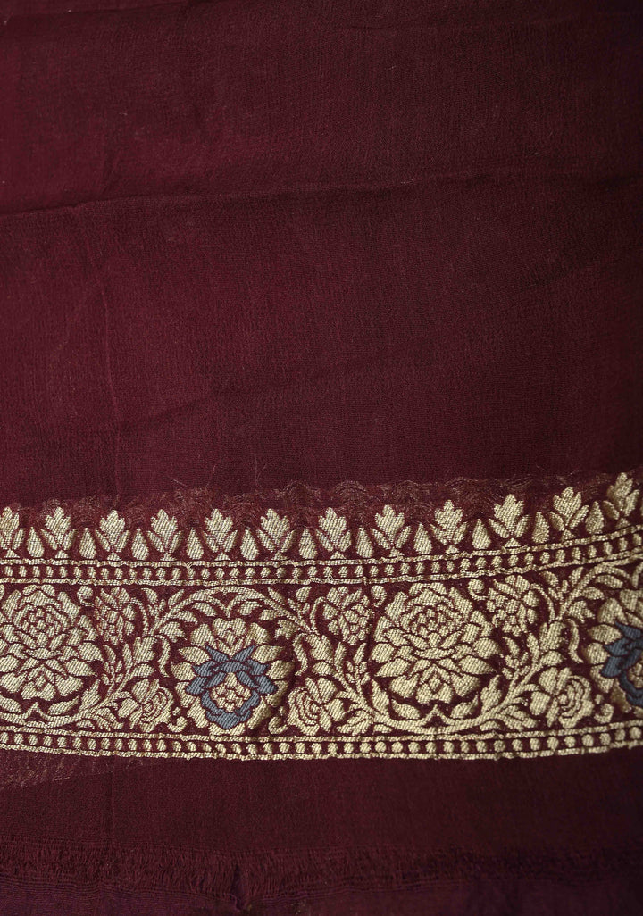 Authentic Aubergine Meenakari Detailing on Banarasi Silk Georgette Saree with Floral Jaal and Zari Border | SILK MARK CERTIFIED