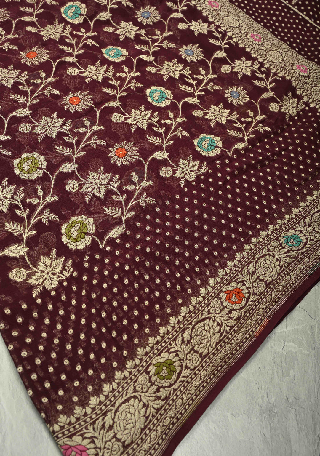 Authentic Aubergine Meenakari Detailing on Banarasi Silk Georgette Saree with Floral Jaal and Zari Border | SILK MARK CERTIFIED