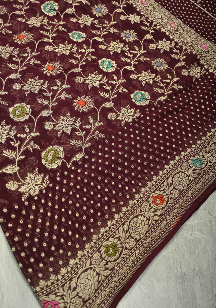 Authentic Aubergine Meenakari Detailing on Banarasi Silk Georgette Saree with Floral Jaal and Zari Border | SILK MARK CERTIFIED