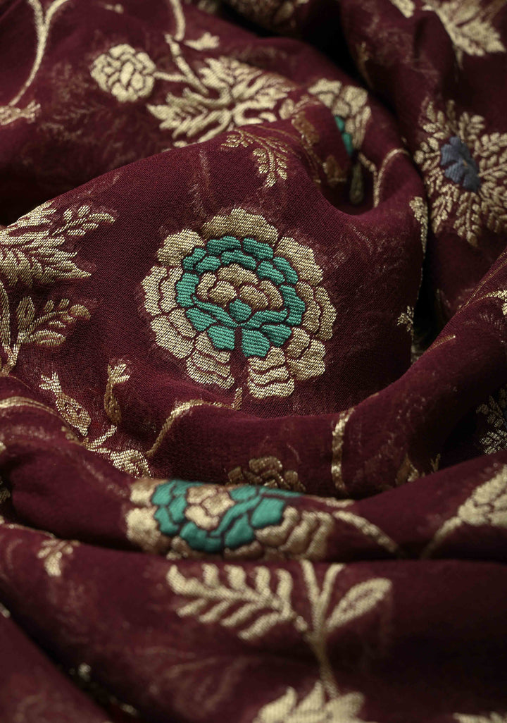 Authentic Aubergine Meenakari Detailing on Banarasi Silk Georgette Saree with Floral Jaal and Zari Border | SILK MARK CERTIFIED