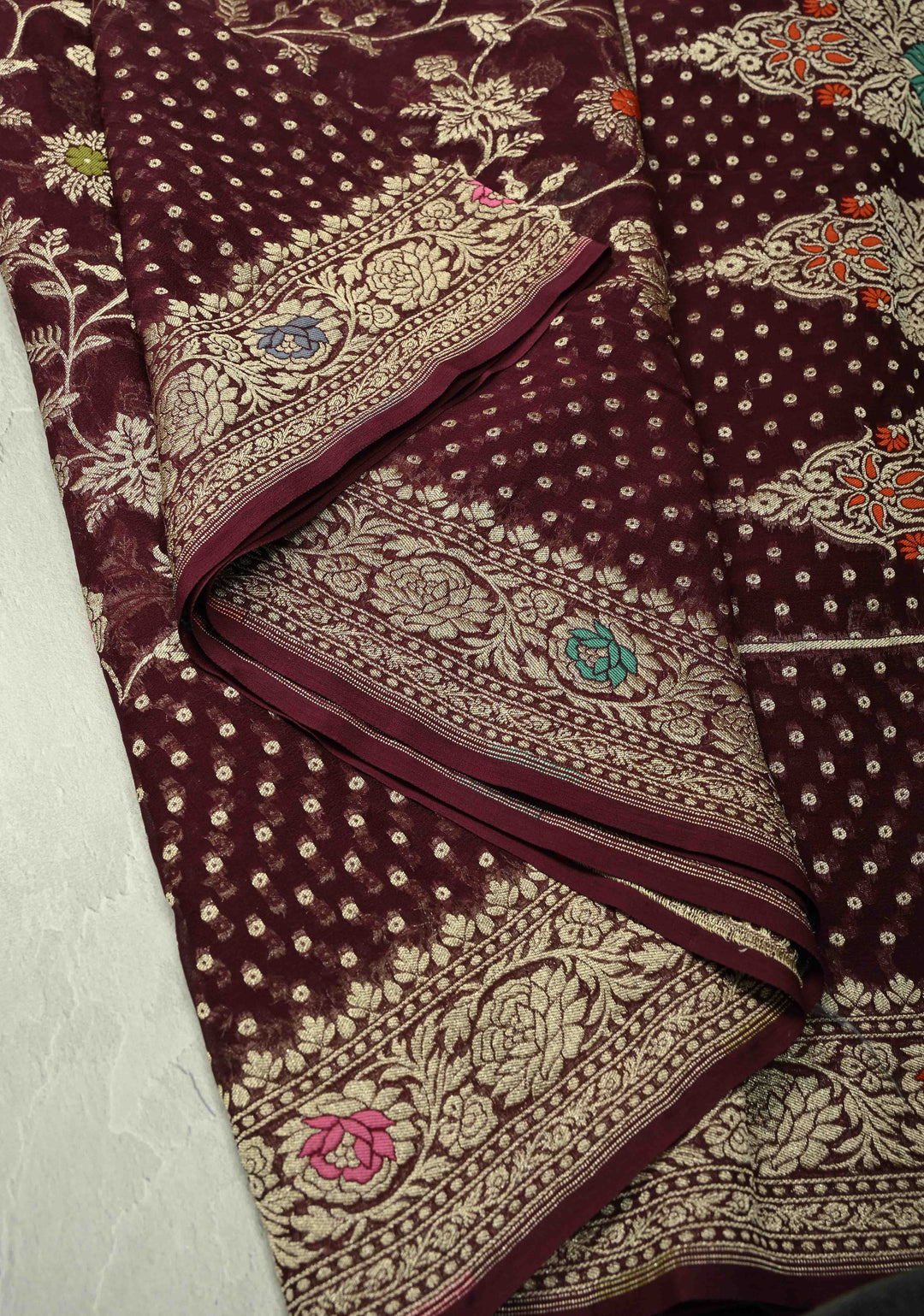 Authentic Aubergine Meenakari Detailing on Banarasi Silk Georgette Saree with Floral Jaal and Zari Border | SILK MARK CERTIFIED