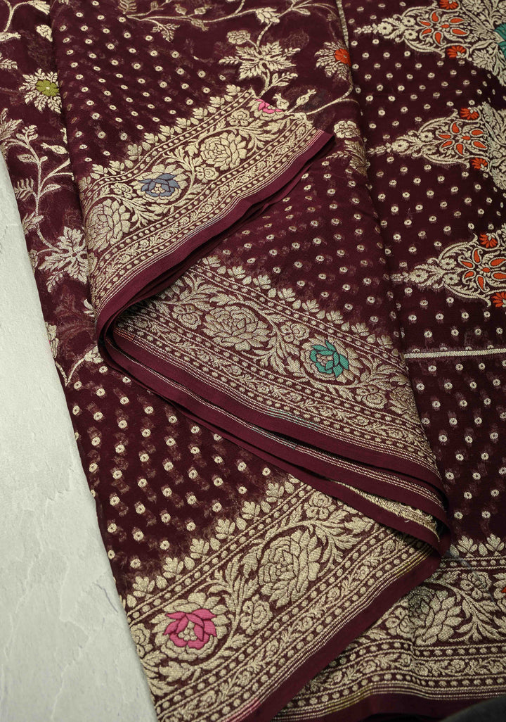 Authentic Aubergine Meenakari Detailing on Banarasi Silk Georgette Saree with Floral Jaal and Zari Border | SILK MARK CERTIFIED