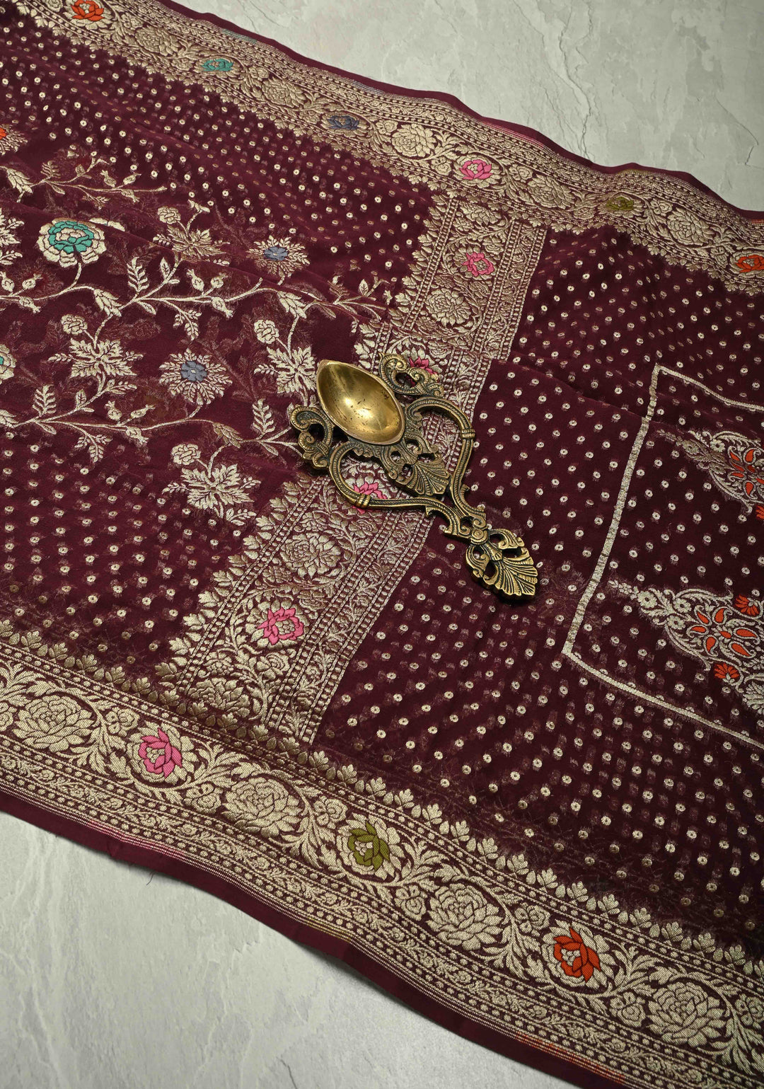 Authentic Aubergine Meenakari Detailing on Banarasi Silk Georgette Saree with Floral Jaal and Zari Border | SILK MARK CERTIFIED