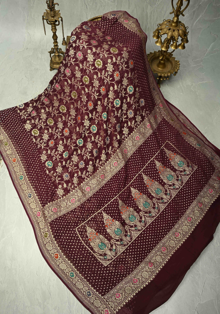 Authentic Aubergine Meenakari Detailing on Banarasi Silk Georgette Saree with Floral Jaal and Zari Border | SILK MARK CERTIFIED