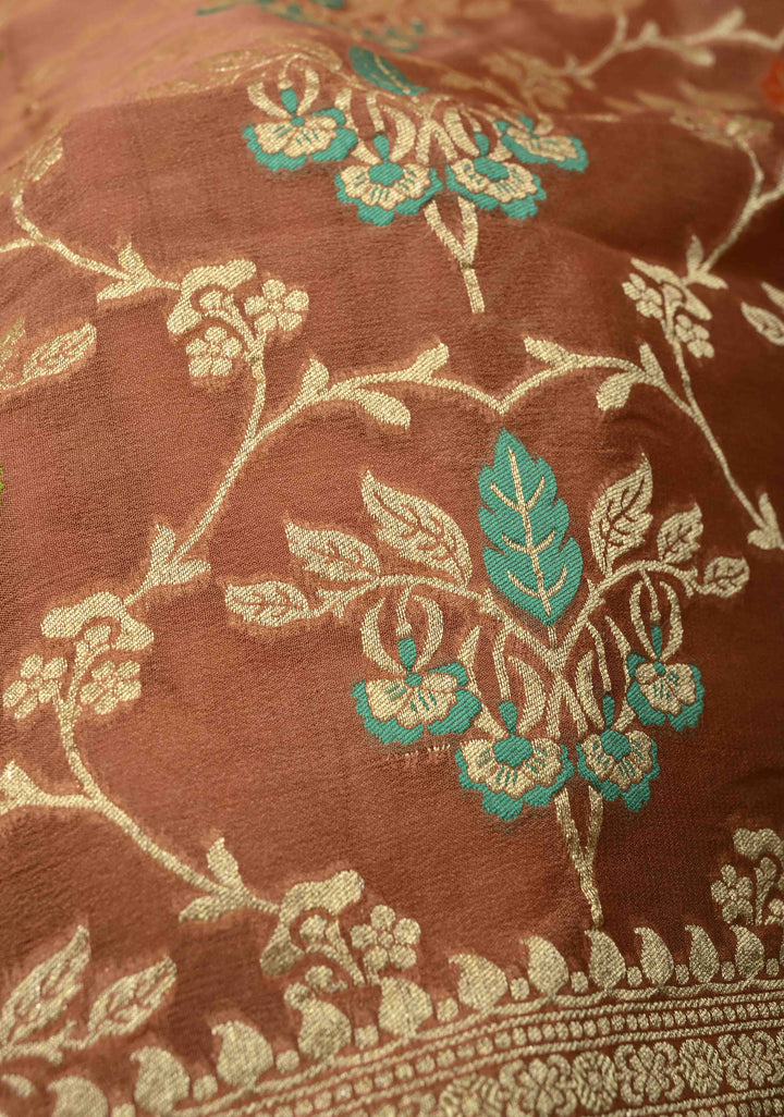 Authentic Sandstone Banarasi Silk Georgette Saree with Meenakari Trellis Floral Jaal and Zari Border | SILK MARK CERTIFIED