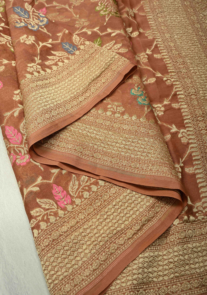 Authentic Sandstone Banarasi Silk Georgette Saree with Meenakari Trellis Floral Jaal and Zari Border | SILK MARK CERTIFIED