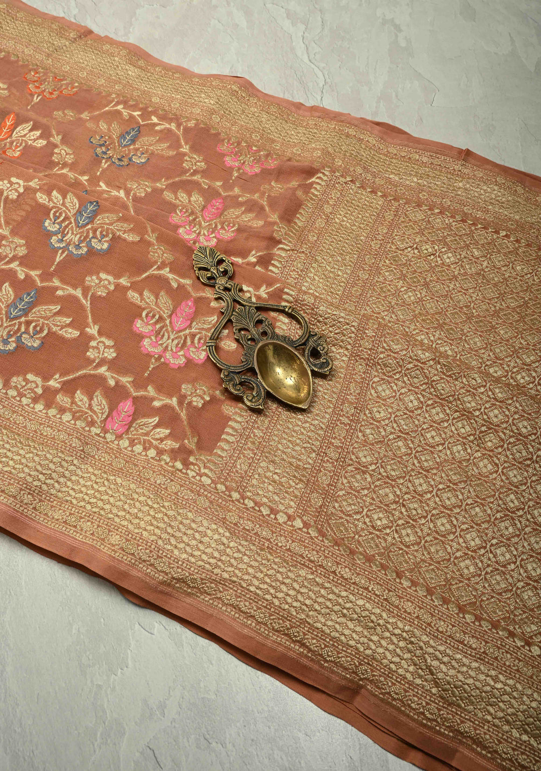 Authentic Sandstone Banarasi Silk Georgette Saree with Meenakari Trellis Floral Jaal and Zari Border | SILK MARK CERTIFIED