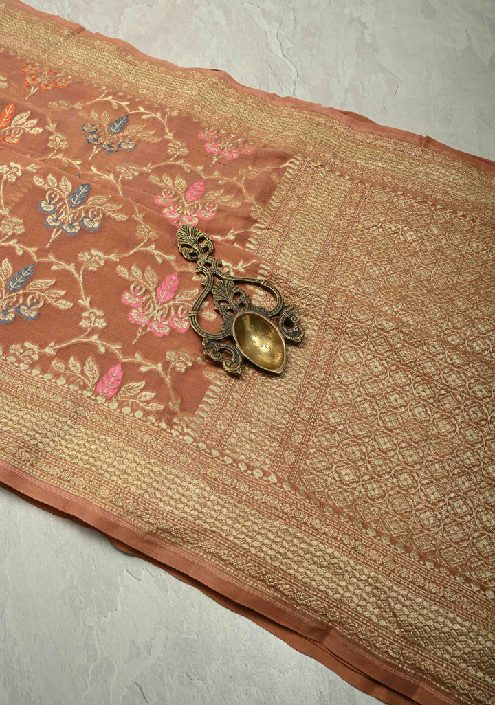 Authentic Sandstone Banarasi Silk Georgette Saree with Meenakari Trellis Floral Jaal and Zari Border | SILK MARK CERTIFIED