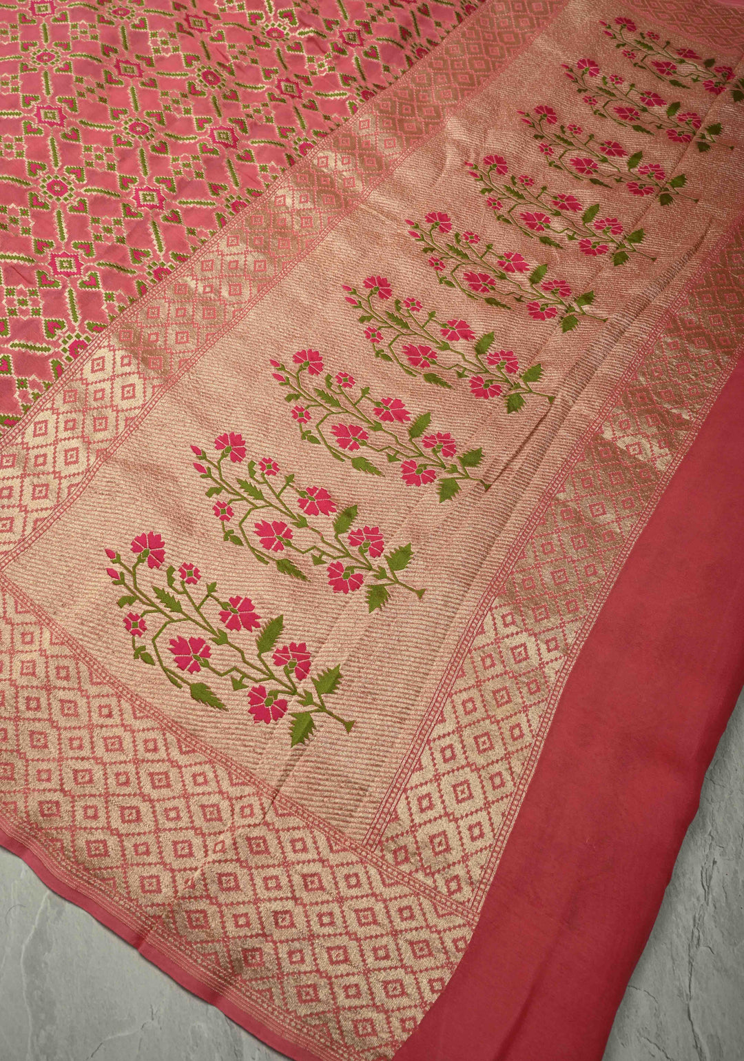 Authentic Dusty Rose Banarasi Silk Georgette Saree with Ikkat Patola Meenakari Jaal and Paithani Style Pallu | SILK MARK CERTIFIED