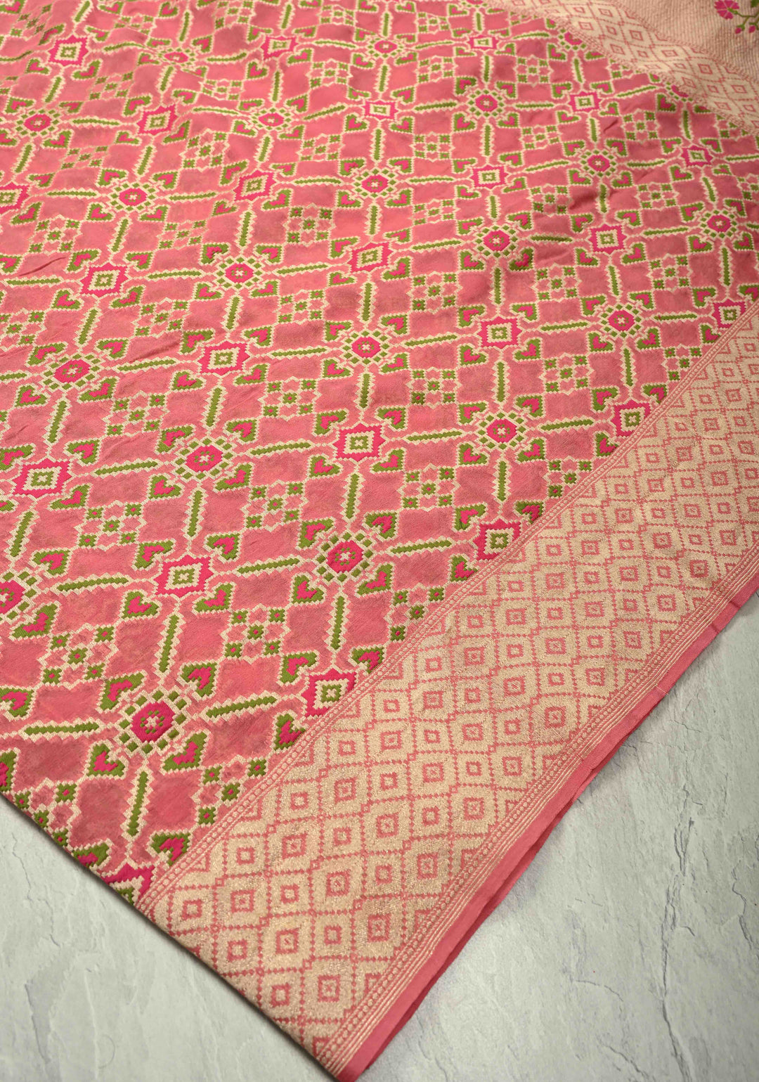 Authentic Dusty Rose Banarasi Silk Georgette Saree with Ikkat Patola Meenakari Jaal and Paithani Style Pallu | SILK MARK CERTIFIED
