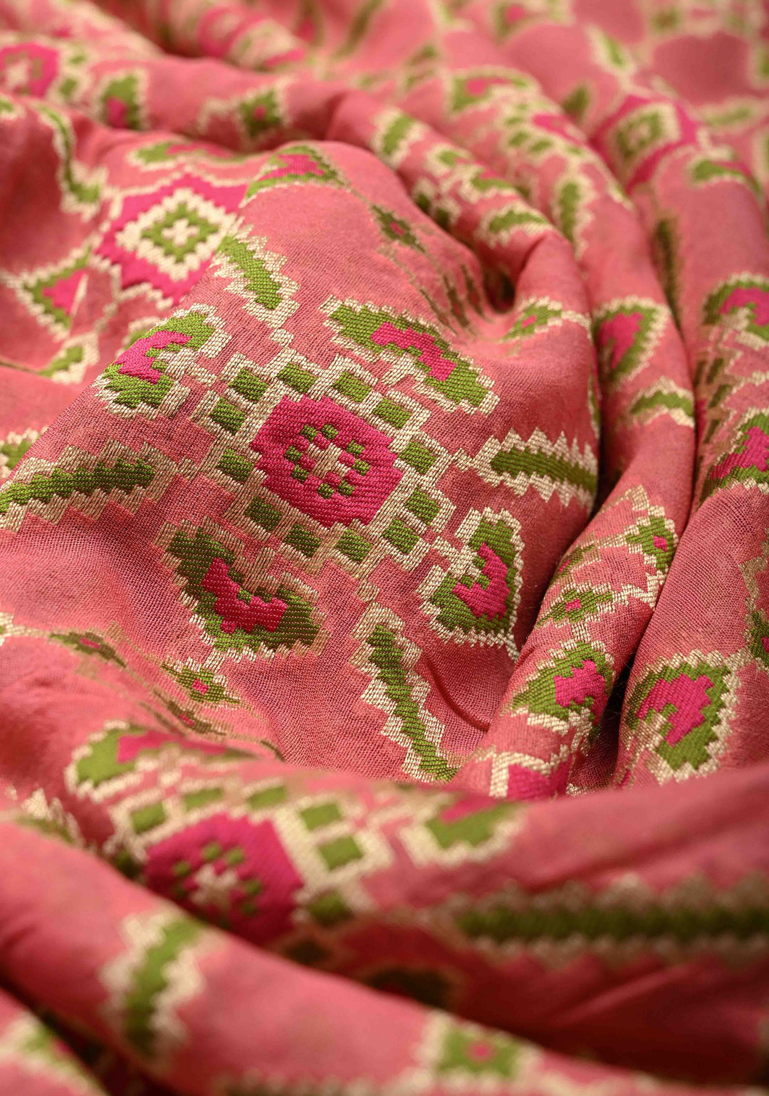 Authentic Dusty Rose Banarasi Silk Georgette Saree with Ikkat Patola Meenakari Jaal and Paithani Style Pallu | SILK MARK CERTIFIED