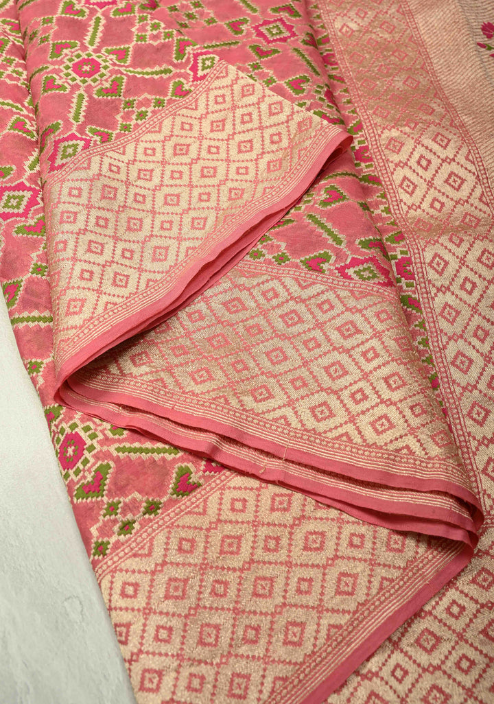 Authentic Dusty Rose Banarasi Silk Georgette Saree with Ikkat Patola Meenakari Jaal and Paithani Style Pallu | SILK MARK CERTIFIED