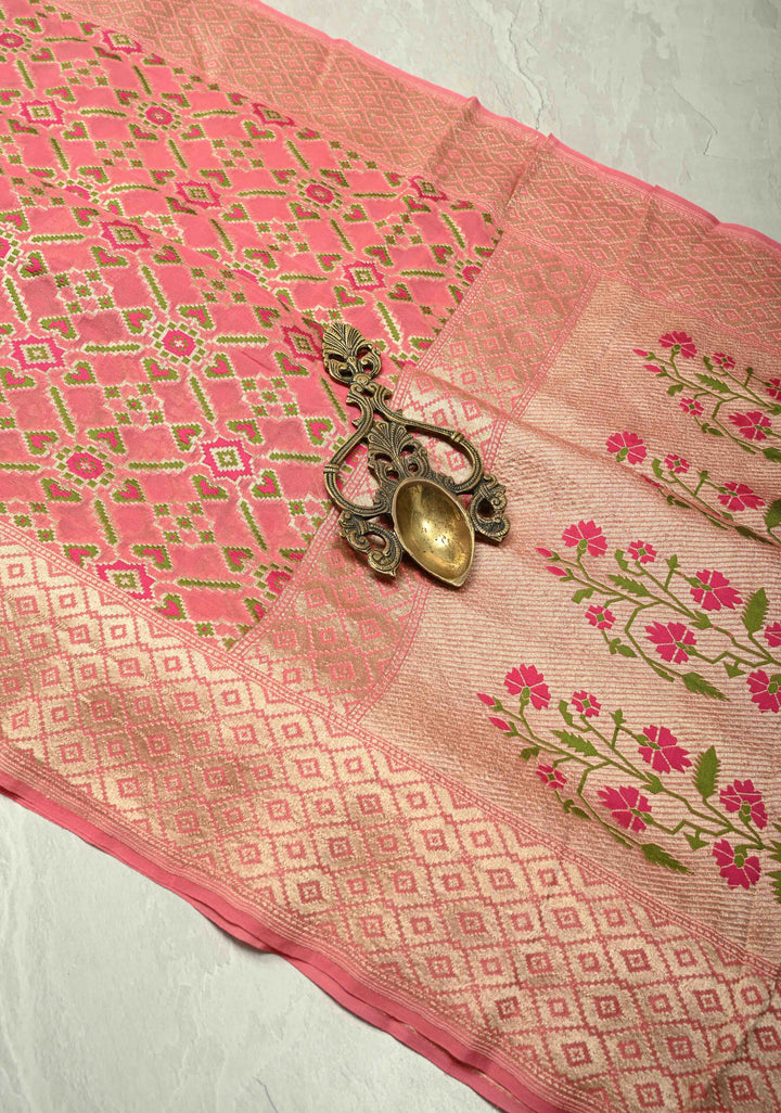 Authentic Dusty Rose Banarasi Silk Georgette Saree with Ikkat Patola Meenakari Jaal and Paithani Style Pallu | SILK MARK CERTIFIED