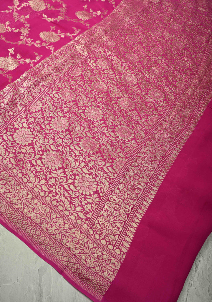 Magenta Banarasi georgette silk saree with water Zari Floral jaal with zari border | SILK MARK CERTIFIED
