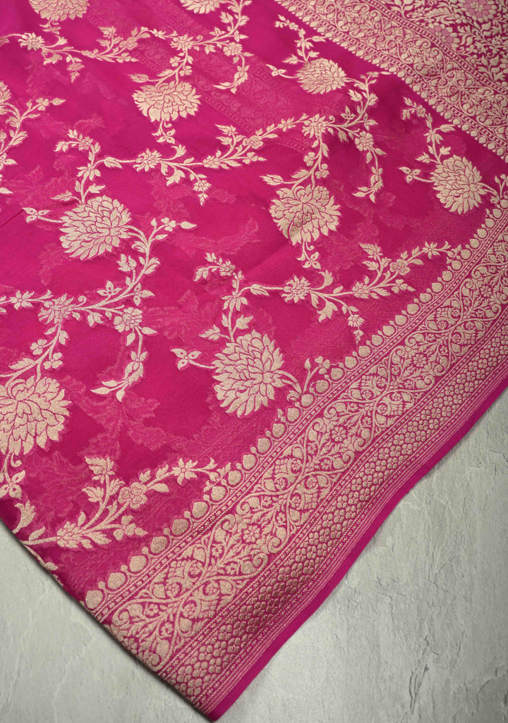 Magenta Banarasi georgette silk saree with water Zari Floral jaal with zari border | SILK MARK CERTIFIED
