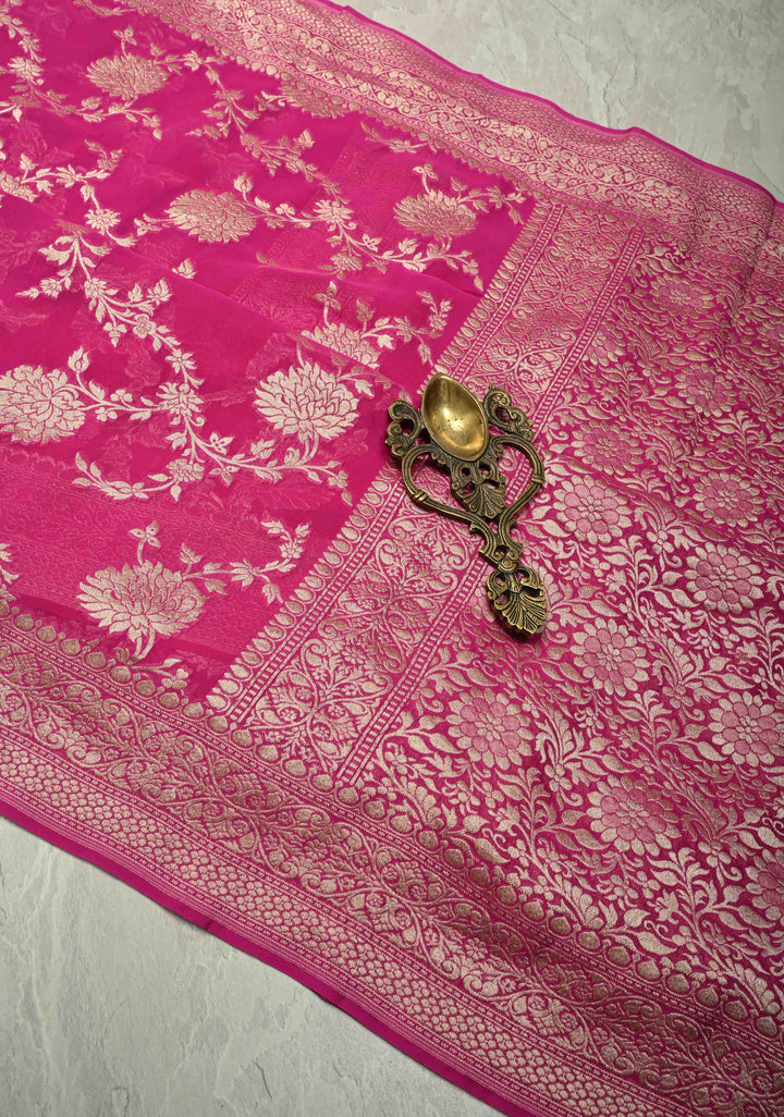 Magenta Banarasi georgette silk saree with water Zari Floral jaal with zari border | SILK MARK CERTIFIED