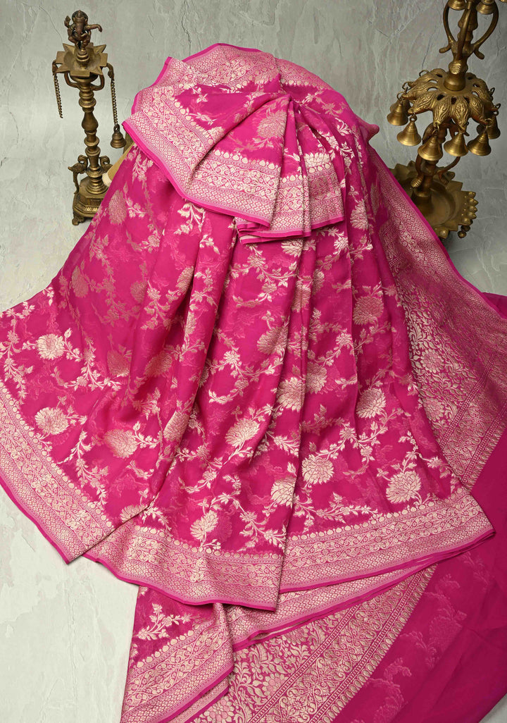 Magenta Banarasi georgette silk saree with water Zari Floral jaal with zari border | SILK MARK CERTIFIED