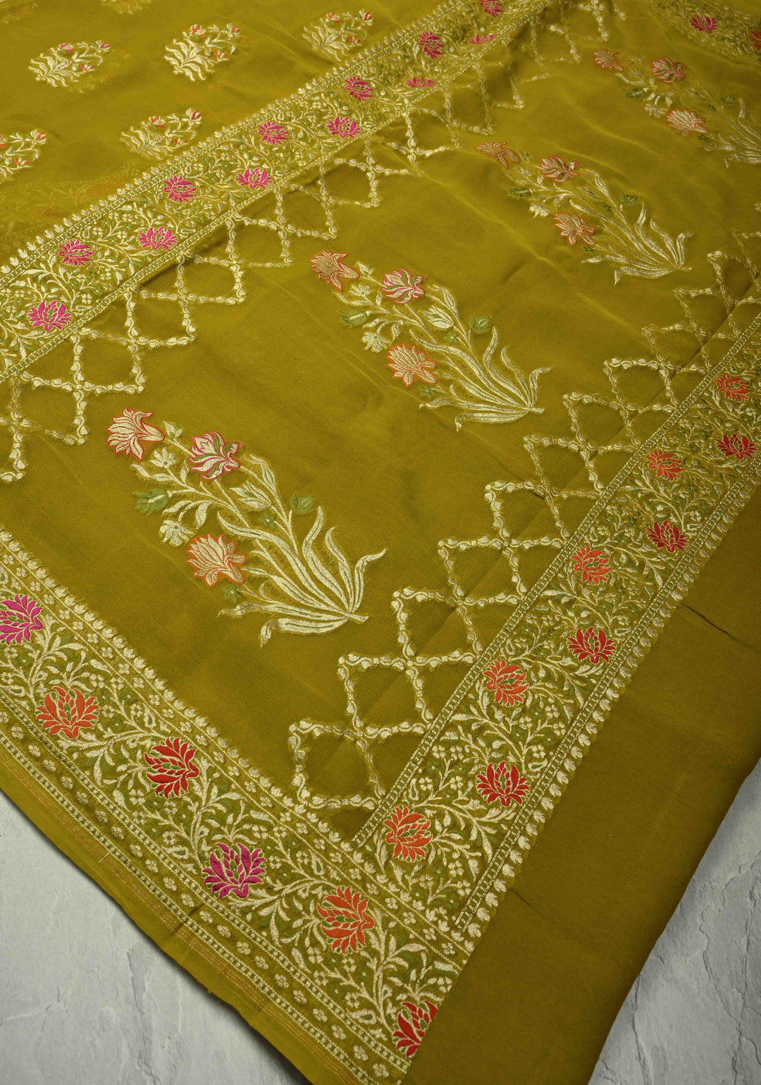 Authentic Moss Green Banarasi Silk Georgette Saree with Persian Inspired Floral Buttas and Meenakari Ornate Border | SILK MARK CERTIFIED