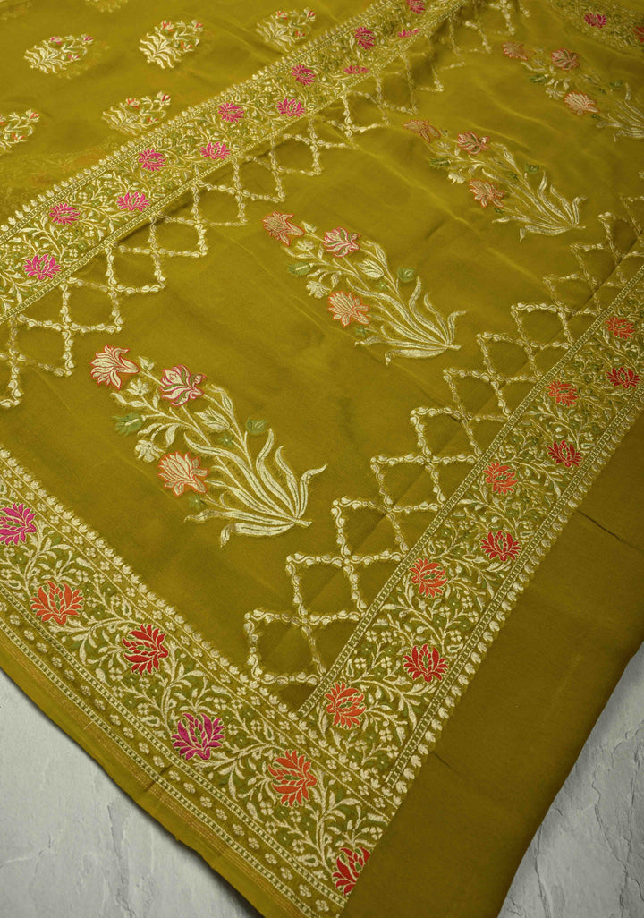 Authentic Moss Green Banarasi Silk Georgette Saree with Persian Inspired Floral Buttas and Meenakari Ornate Border | SILK MARK CERTIFIED