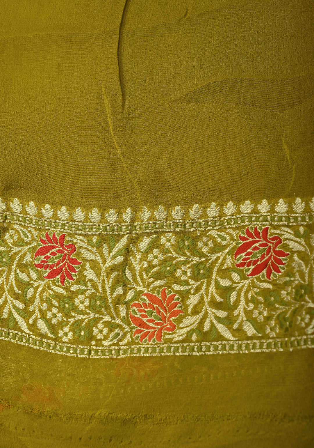 Authentic Moss Green Banarasi Silk Georgette Saree with Persian Inspired Floral Buttas and Meenakari Ornate Border | SILK MARK CERTIFIED