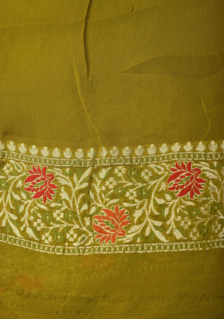 Authentic Moss Green Banarasi Silk Georgette Saree with Persian Inspired Floral Buttas and Meenakari Ornate Border | SILK MARK CERTIFIED