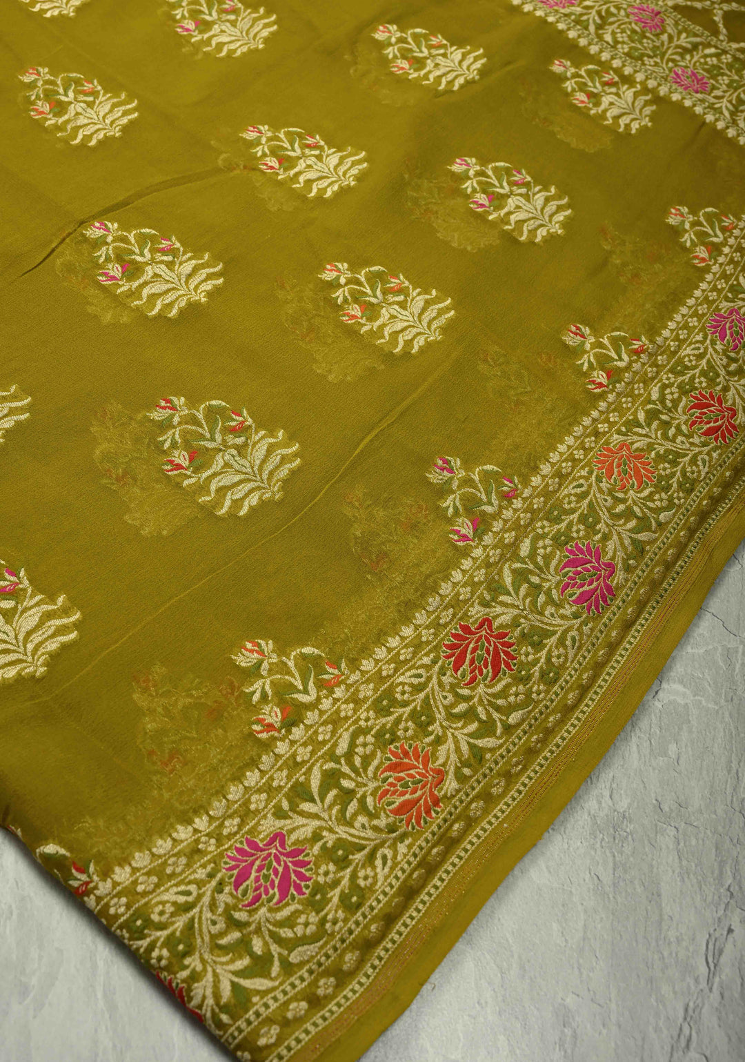Authentic Moss Green Banarasi Silk Georgette Saree with Persian Inspired Floral Buttas and Meenakari Ornate Border | SILK MARK CERTIFIED