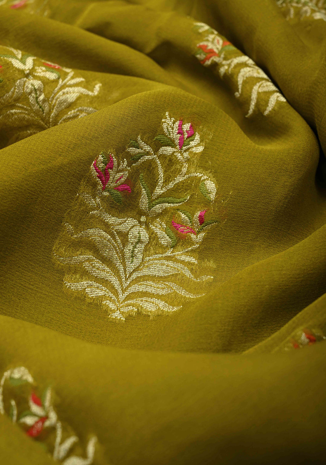 Authentic Moss Green Banarasi Silk Georgette Saree with Persian Inspired Floral Buttas and Meenakari Ornate Border | SILK MARK CERTIFIED