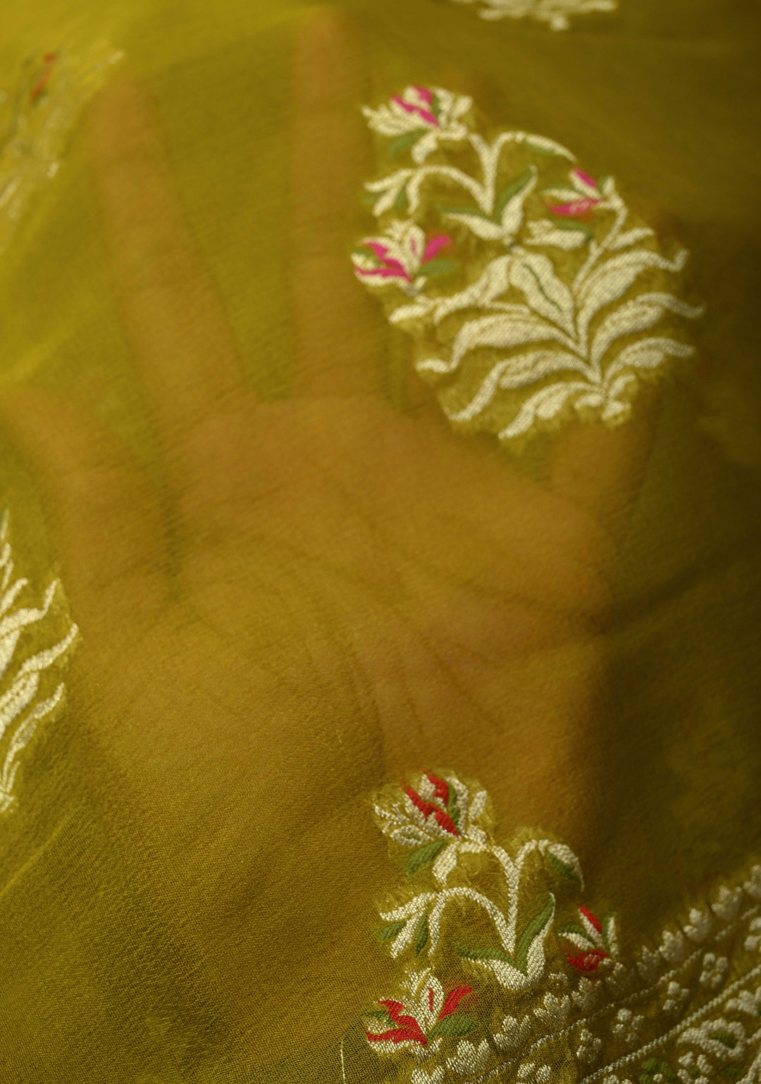 Authentic Moss Green Banarasi Silk Georgette Saree with Persian Inspired Floral Buttas and Meenakari Ornate Border | SILK MARK CERTIFIED