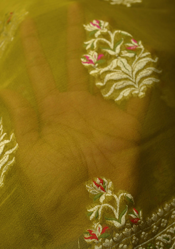 Authentic Moss Green Banarasi Silk Georgette Saree with Persian Inspired Floral Buttas and Meenakari Ornate Border | SILK MARK CERTIFIED