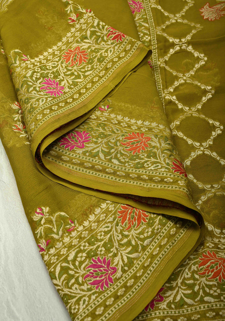 Authentic Moss Green Banarasi Silk Georgette Saree with Persian Inspired Floral Buttas and Meenakari Ornate Border | SILK MARK CERTIFIED