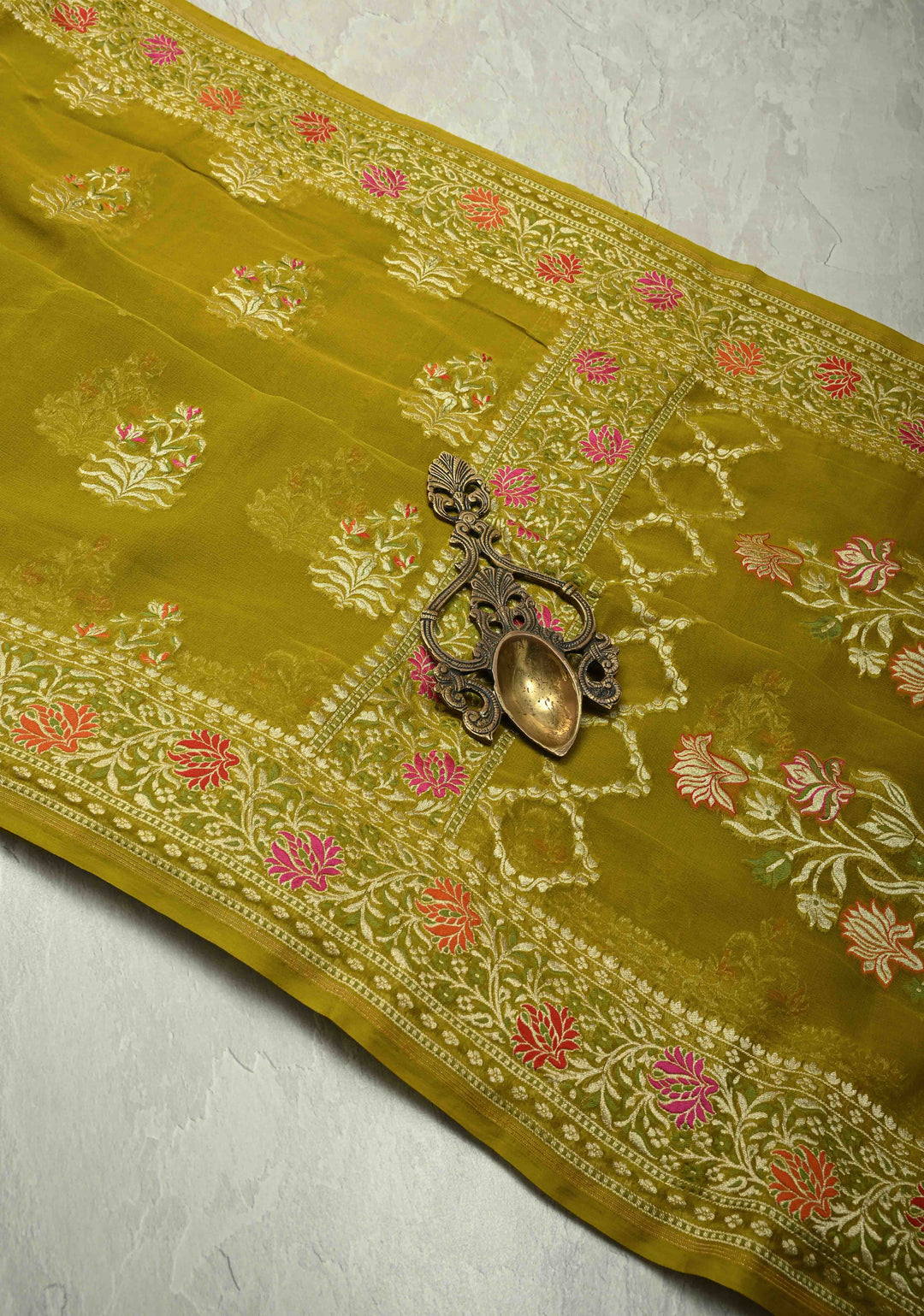 Authentic Moss Green Banarasi Silk Georgette Saree with Persian Inspired Floral Buttas and Meenakari Ornate Border | SILK MARK CERTIFIED