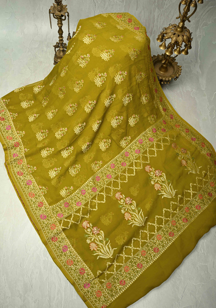 Authentic Moss Green Banarasi Silk Georgette Saree with Persian Inspired Floral Buttas and Meenakari Ornate Border | SILK MARK CERTIFIED