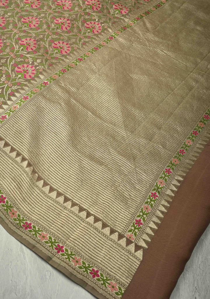 Gray  Banarasi Silk Georgette Saree with Meenakari Floral Jaal and Zari Border | SILK MARK CERTIFIED