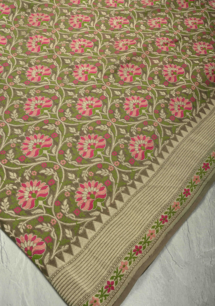 Gray  Banarasi Silk Georgette Saree with Meenakari Floral Jaal and Zari Border | SILK MARK CERTIFIED