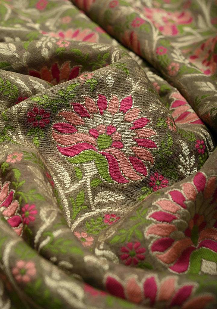 Gray  Banarasi Silk Georgette Saree with Meenakari Floral Jaal and Zari Border | SILK MARK CERTIFIED