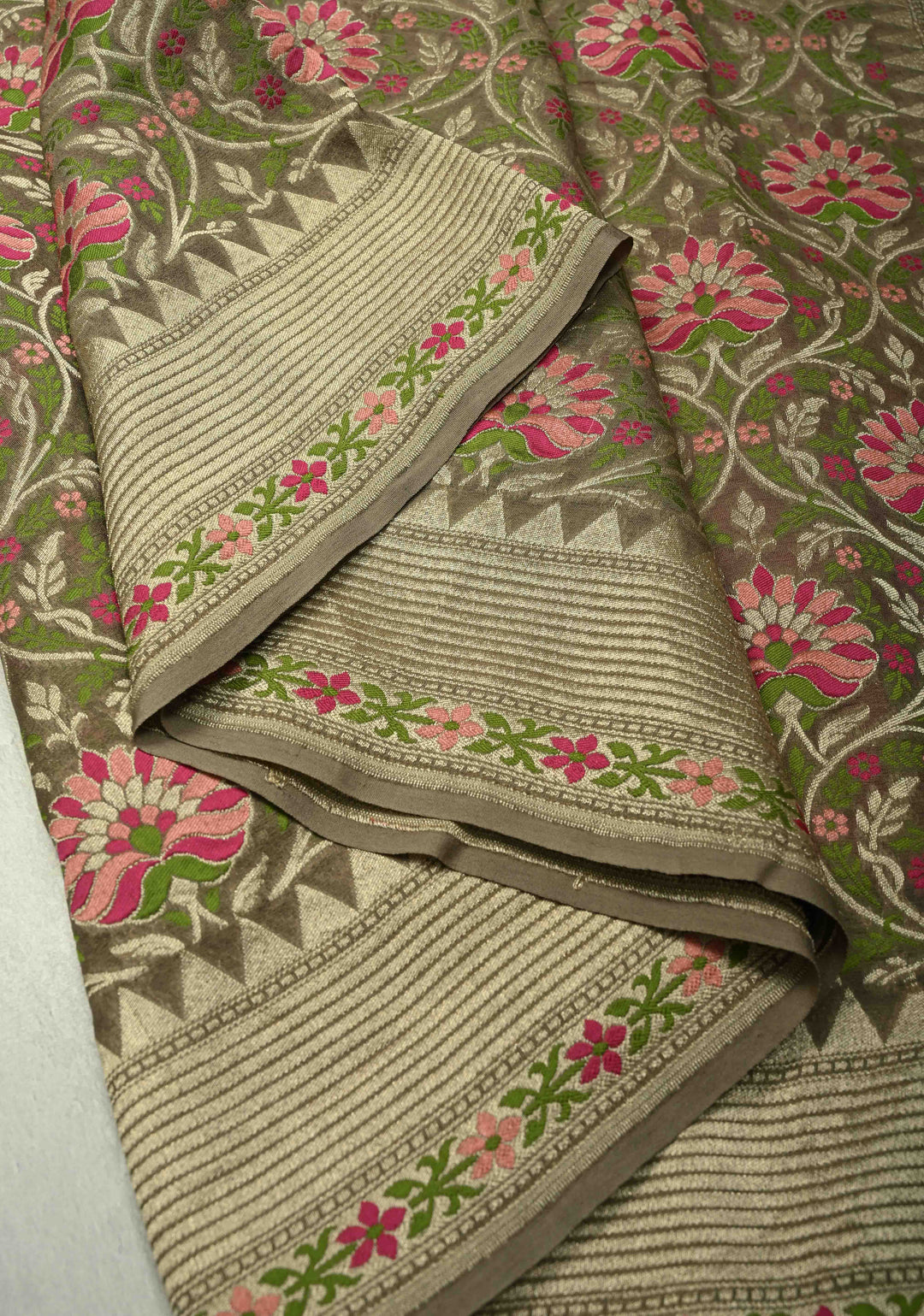 Gray  Banarasi Silk Georgette Saree with Meenakari Floral Jaal and Zari Border | SILK MARK CERTIFIED