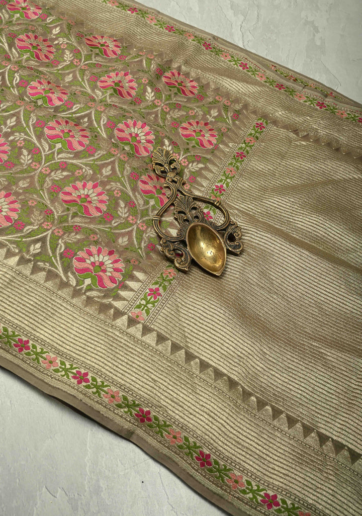 Gray  Banarasi Silk Georgette Saree with Meenakari Floral Jaal and Zari Border | SILK MARK CERTIFIED