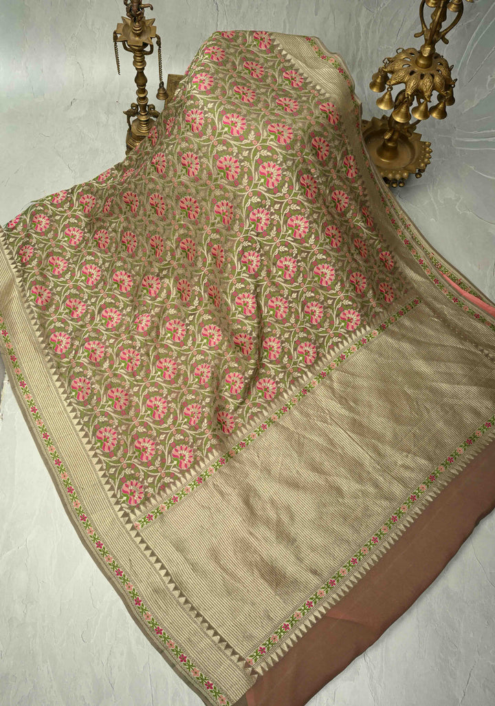 Gray  Banarasi Silk Georgette Saree with Meenakari Floral Jaal and Zari Border | SILK MARK CERTIFIED