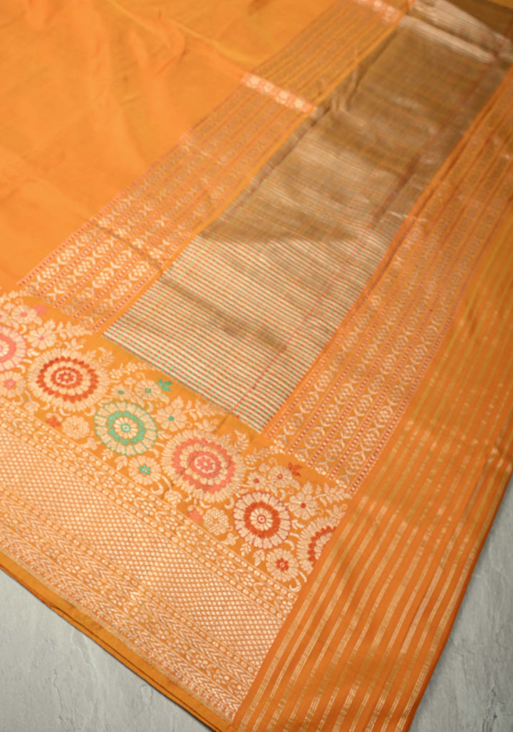 Mustard Orange  Dual tone Banarasi Pure Katan Silk Saree with Meenakari Floral Skirt Border border | SILK MARK CERTIFIED