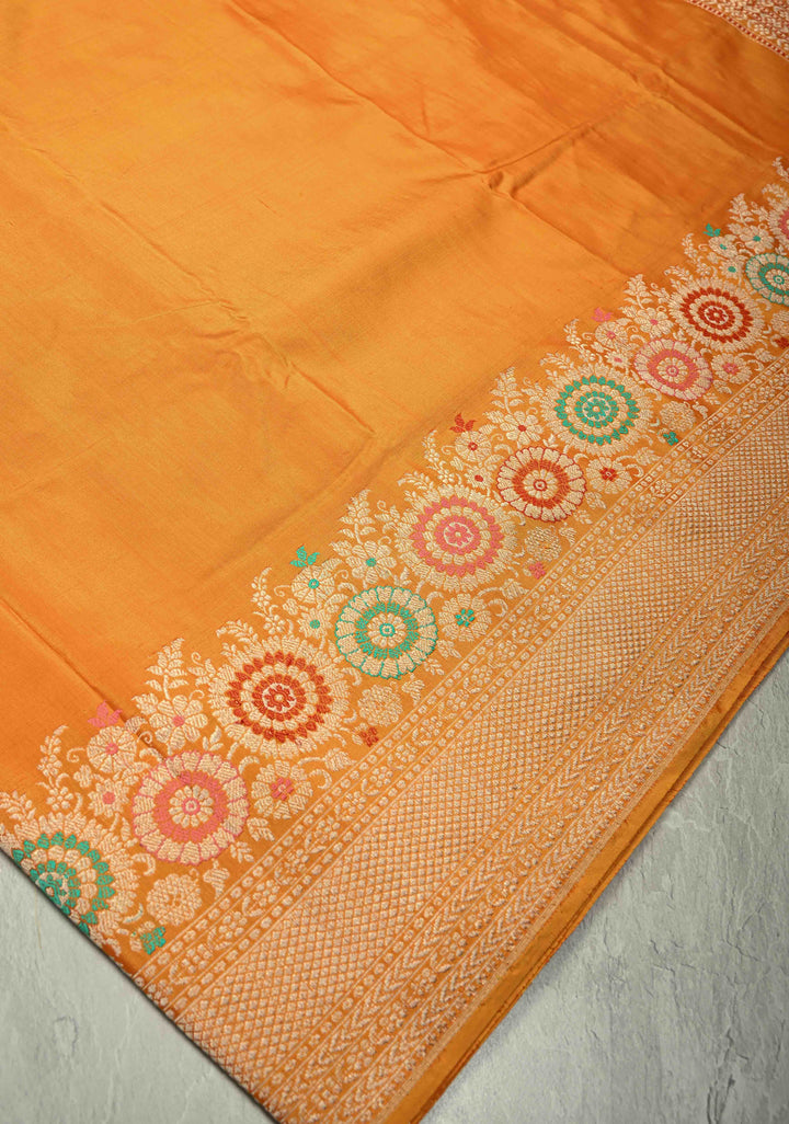 Mustard Orange  Dual tone Banarasi Pure Katan Silk Saree with Meenakari Floral Skirt Border border | SILK MARK CERTIFIED
