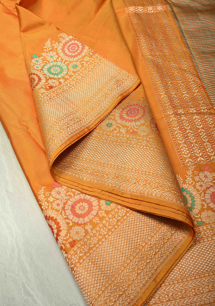 Mustard Orange  Dual tone Banarasi Pure Katan Silk Saree with Meenakari Floral Skirt Border border | SILK MARK CERTIFIED