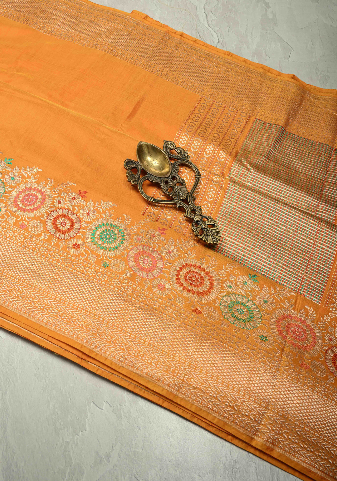 Mustard Orange  Dual tone Banarasi Pure Katan Silk Saree with Meenakari Floral Skirt Border border | SILK MARK CERTIFIED